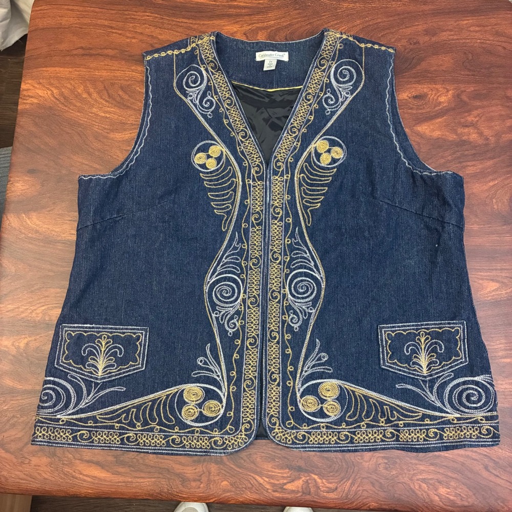 Coldwater Creek Denim Vest Womens 2X Blue Excellent Embroidered Ornate Boho